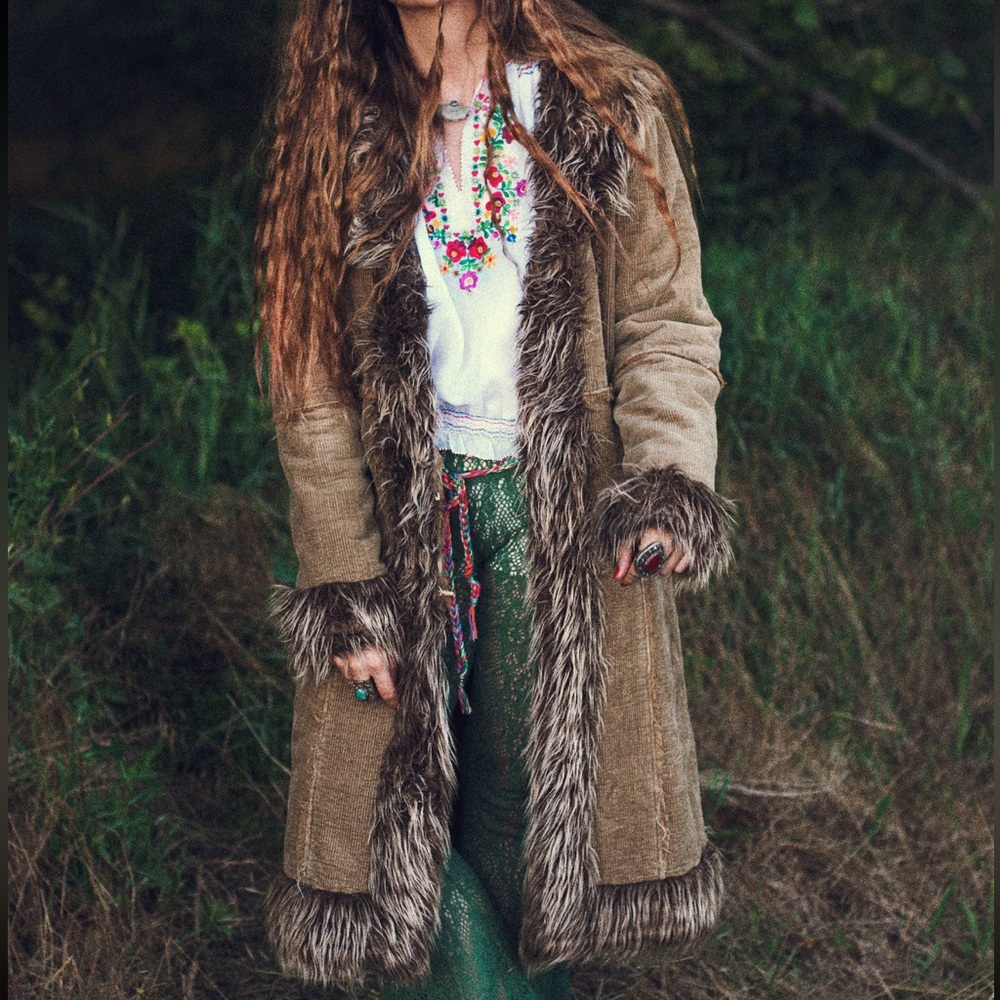 Vintage Penny Lane Corduroy Faux Fur Trim Coat